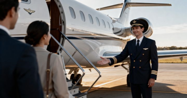 A uniformed pilot stands by a private jet’s stairs, gesturing for a business-dressed man and woman to board.
