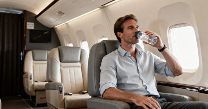 A man sits in a private jet’s leather seat, drinking water while looking out the window.