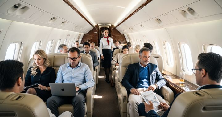 Business passengers seated on a private jet with a flight attendant walking down the aisle
