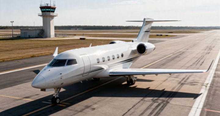 A private jet sits on the runway near an airport control tower, ready for departure.